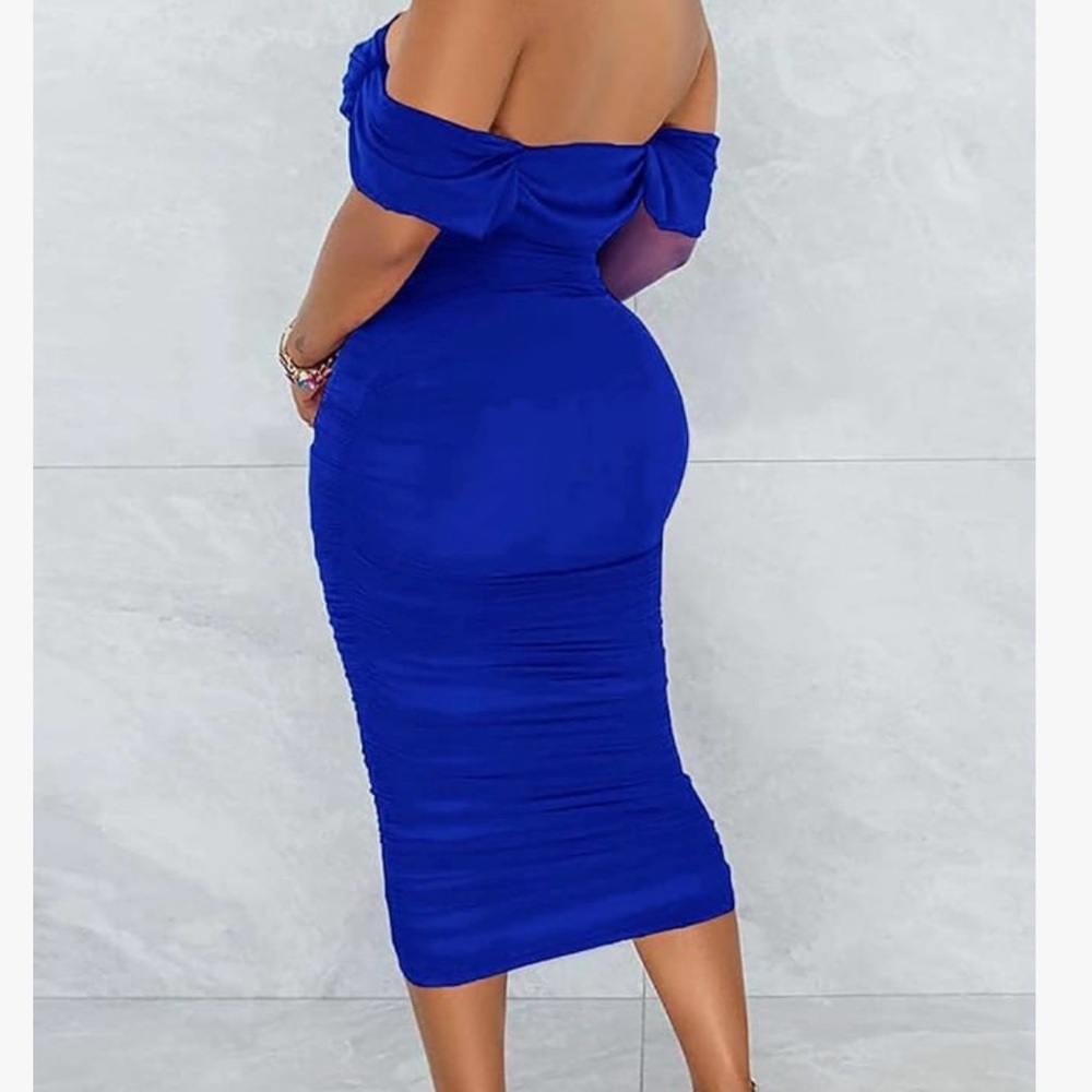 Off-Shoulder Royal Blue Ruched Bodycon Dress - Picture 2 of 2